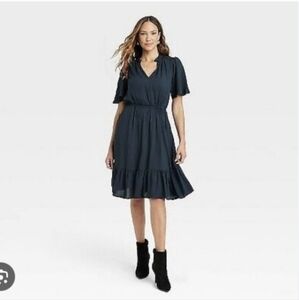 Has Pockets! Knox Rose Navy Flutter Sleeve A-Line Dress, Navy Blue, Size…